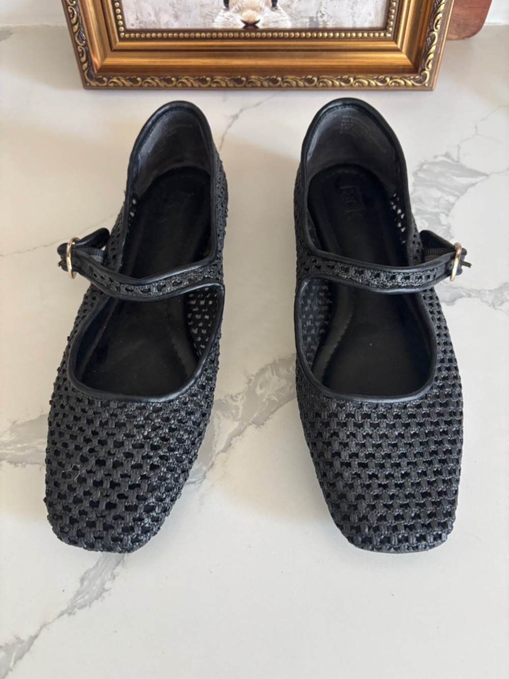 Woven Mary Jane Flats in Black with Ankle Strap